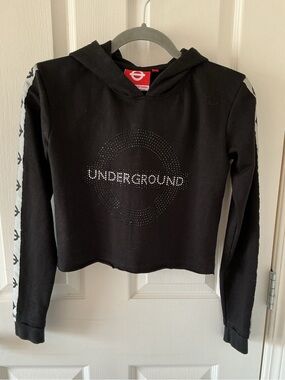 London Underground Hooded Crop Sweatshirt with White Stripe Logo Sleeve Detail
